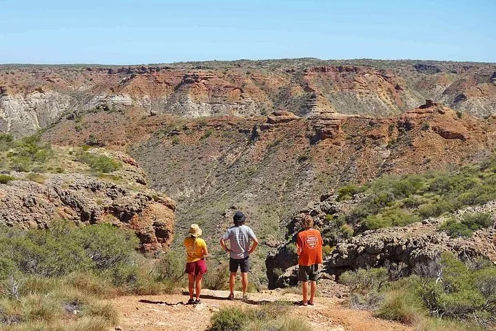 Three people standing on a ridge looking over a vast rocky canyon
