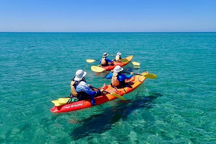 Two tandem kayaks with people paddling on clear turquoise water